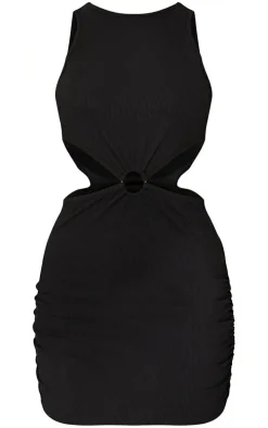Black Ribbed Ring Detail Waist Cut Out Sleeveless Bodycon Dress