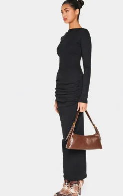 Black Ribbed Ruched Detail Long Sleeve Maxi Dress