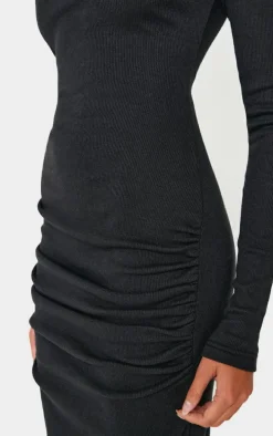 Black Ribbed Ruched Detail Long Sleeve Maxi Dress
