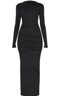 Black Ribbed Ruched Detail Long Sleeve Maxi Dress