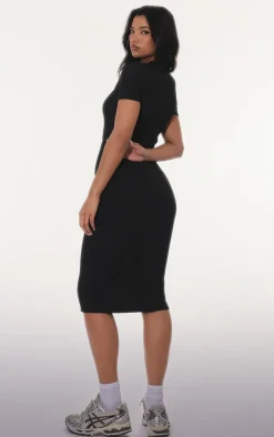 Black Ribbed Short Sleeve Crew Neck Midi Dress