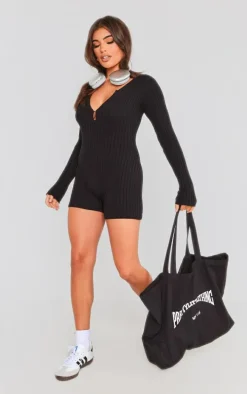 Black Ribbed Soft Knit Hook & Eye Romper