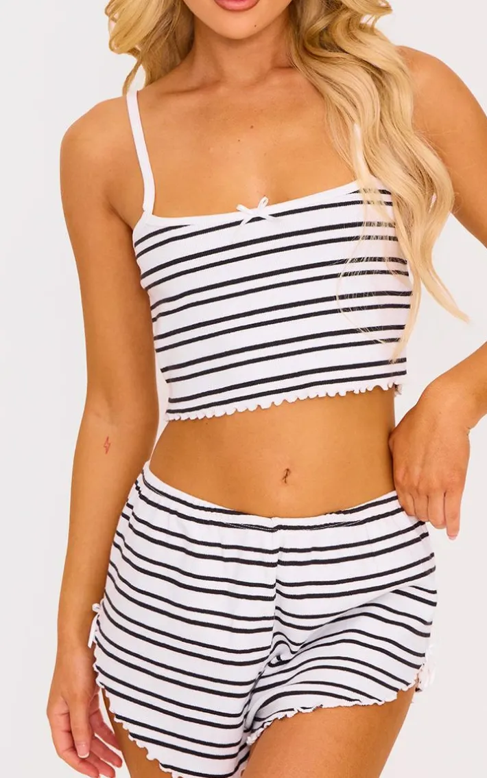 Black Ribbed Stripe Lettuce Hem Cami And Short Pj Set