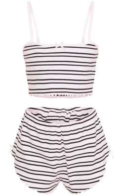 Black Ribbed Stripe Lettuce Hem Cami And Short Pj Set
