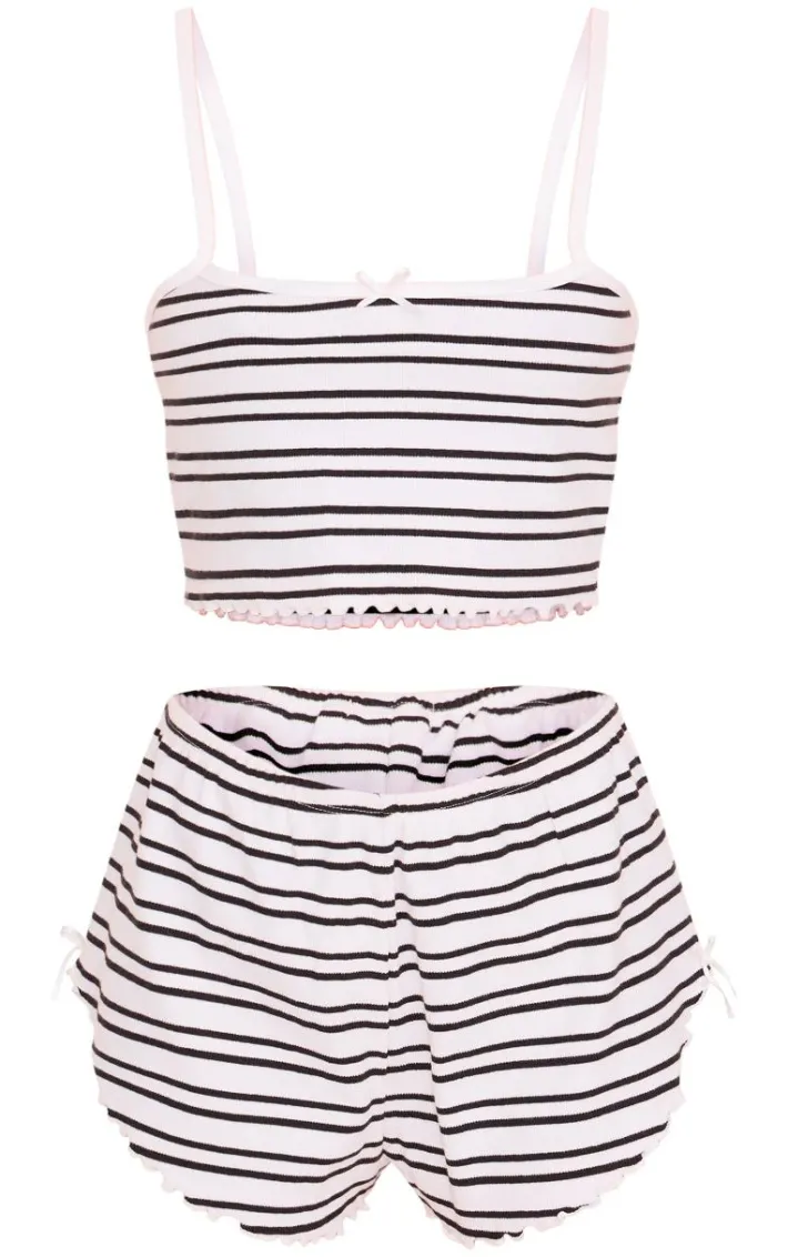 Black Ribbed Stripe Lettuce Hem Cami And Short Pj Set