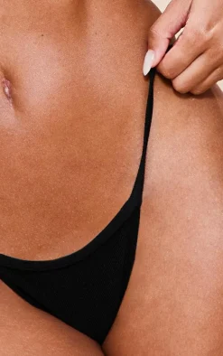 Black Ribbed Tanga Bikini Bottoms