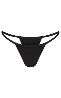 Black Ribbed Tanga Bikini Bottoms