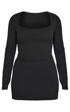 Black Ribbed Underbust Detail Long Sleeve Bodycon Dress
