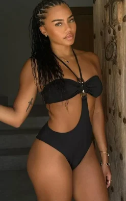 Black Ring Detail Bandeau Cut Out Swimsuit