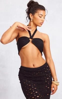 Black Ring Detail Halter Tie Knit Bralet