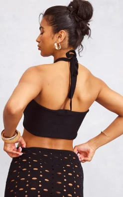 Black Ring Detail Halter Tie Knit Bralet