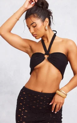 Black Ring Detail Halter Tie Knit Bralet