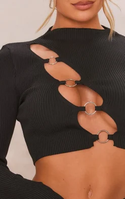 Black Ring Front Cut Out Long Sleeve Knit Top