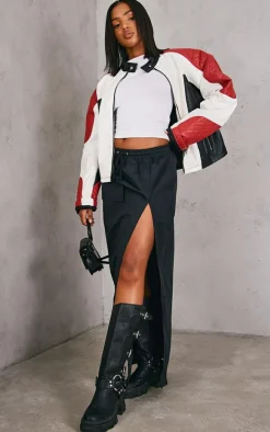 Black Ripstop Split Thigh Drawstring Waist Maxi Skirt