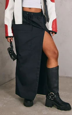 Black Ripstop Split Thigh Drawstring Waist Maxi Skirt
