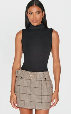 Black Roll Neck Ribbed Twill Contrast Bodycon Dress