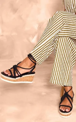 Black Rope Round Toe Espadrille Wedge Heeled Sandals
