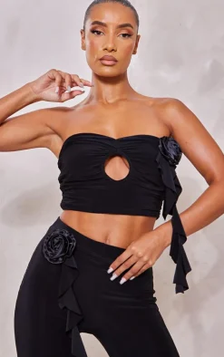 Black Rose Applique Slinky Ruched Bandeau Top