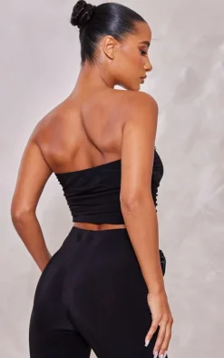 Black Rose Applique Slinky Ruched Bandeau Top