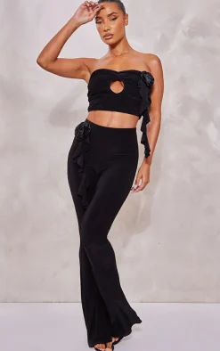 Black Rose Applique Slinky Ruched Bandeau Top