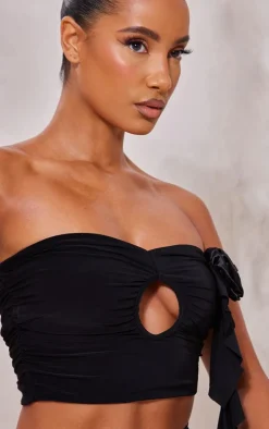 Black Rose Applique Slinky Ruched Bandeau Top