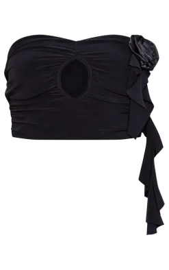 Black Rose Applique Slinky Ruched Bandeau Top