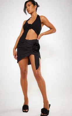 Black Rose Detail Wrap Skirt