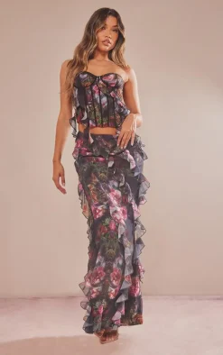 Black Rose Print Chiffon Ruffle Detail Maxi Skirt