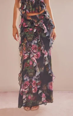 Black Rose Print Chiffon Ruffle Detail Maxi Skirt