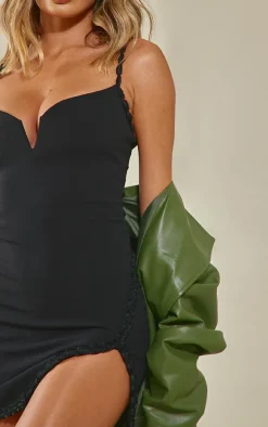 Black Rose Trim V Bar Bodycon Dress