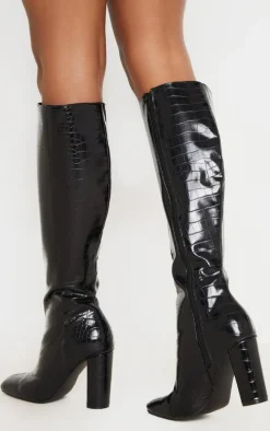Black Round Block Heel Knee High Boots