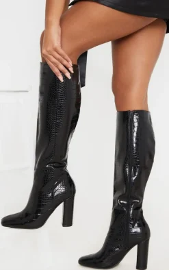 Black Round Block Heel Knee High Boots