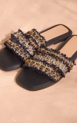 Black Round Toe Boucle Chain Strap Mule Sandals