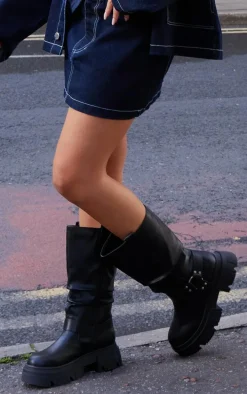 Black Round Toe Buckle Knee High Chunky Boots