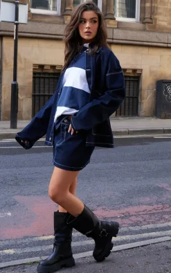 Black Round Toe Buckle Knee High Chunky Boots