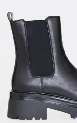 Black Round Toe Chunky Sole Elastic Chelsea Boots