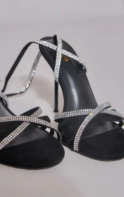 Black Round Toe Diamante Lace Up High Heeled Sandals