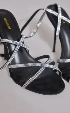Black Round Toe Diamante Lace Up High Heeled Sandals
