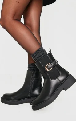 Black Round Toe Gold Buckle Chelsea Boots