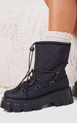 Black Round Toe Quilted Lace Up Chunky Platform Snow Boots
