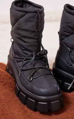 Black Round Toe Quilted Lace Up Chunky Platform Snow Boots