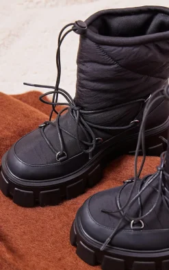 Black Round Toe Quilted Lace Up Chunky Platform Snow Boots