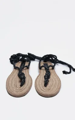 Black Rubber Round Toe Rope Lace Up Thong Toe Flat Sandals