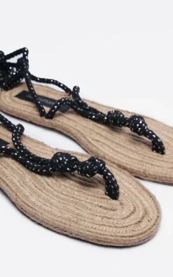 Black Rubber Round Toe Rope Lace Up Thong Toe Flat Sandals