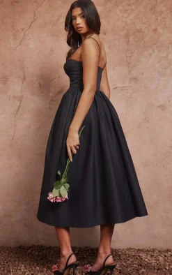 Black Ruched Bust Corset Strappy Midaxi Dress