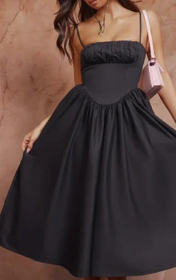 Black Ruched Bust Corset Strappy Midaxi Dress