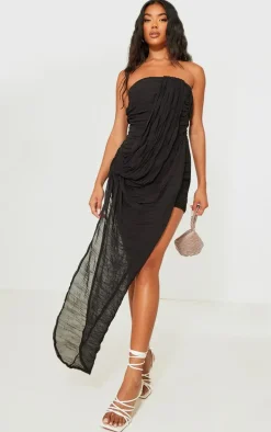 Black Ruched Chiffon Drape Bandeau Midaxi Dress