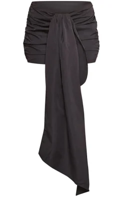 Black Ruched Drape Front Detail Mini Skirt