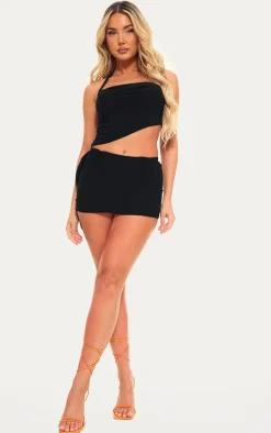 Black Ruched Drape Low Rise Micro Mini Skirt