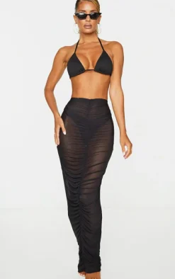 Black Ruched Mesh Midi Beach Skirt